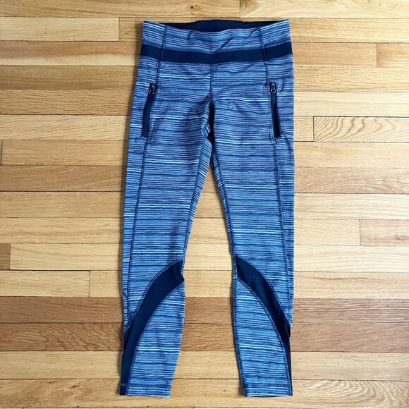 Lululemon Run Inspire Crop Grey Striped Mesh Panel Cropped Workout Leggings 6 - Picture 1 of 7